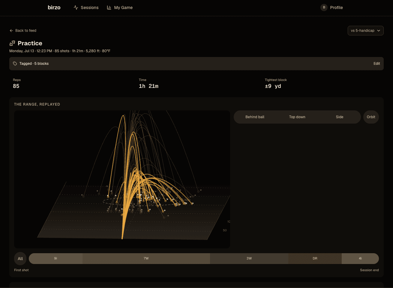 A real practice session on the founder's account — the range replay and per-club numbers